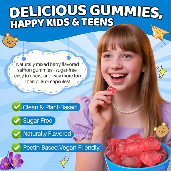 Sugar Free Saffron for Kids Teens &amp Adults Saffron Gummies Supplements for Kids Calm &amp Focus Gummies Saffron Extract with L-Theanine GABA &amp Magnesium Glycinate for Mood - No Melatonin