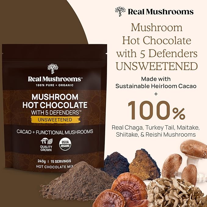 Real Mushrooms Unsweetened Hot Chocolate Mix with 5 Defenders – Reishi Chaga Turkey Tail Maitake Shiitake – Coco Powdered Unsweetened – Organic Cacao Powder Supplement Vegan 15 Servings