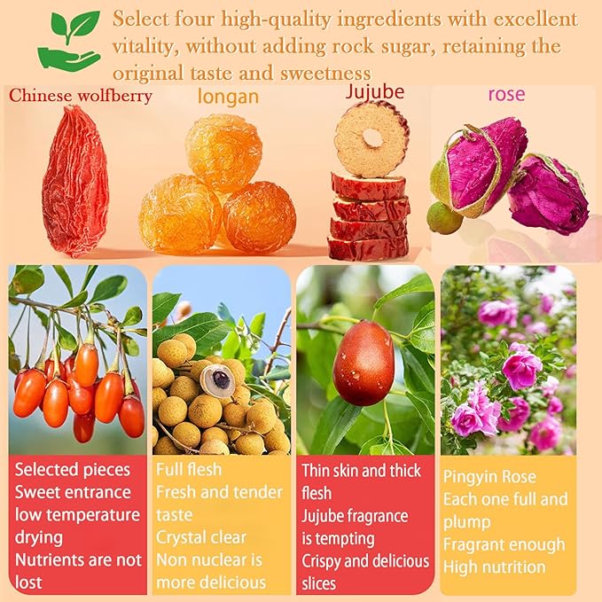 Longan Red Date Tea Rose Red Jujube Fruit Goji Berry Tea Bags Women's Five Treasures Tea Date Longan Goji Berry Roses Wolfberry Flower Chinese Herbal Fruit No addition Caffeine Free 桂圆红枣枸杞茶 玫瑰红枣茶 160g