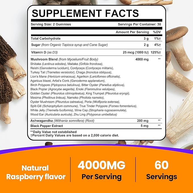 Mushroom Gummies for Adults 4000mg Brain Supplements for Memory and Focus 26 in 1 Mushroom Supplement Complex with Ashwagandha &amp Lion's Mane Turkey Tail Reishi Cordyceps Organic 120 Count