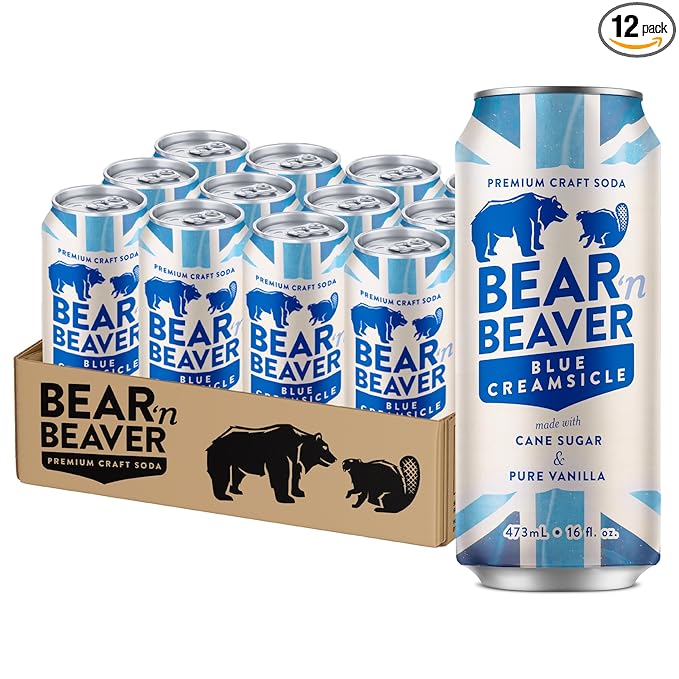 Bear 'n Beaver Premium Blue Creamsicle Craft Soda Soft Drinks - 100% Cane Sugar &amp Pure Vanilla - Vegan &amp Gluten-Free - Bold Caffeine Free Flavor for Mocktails &amp Mixing - 12 Pack of 16 Oz C