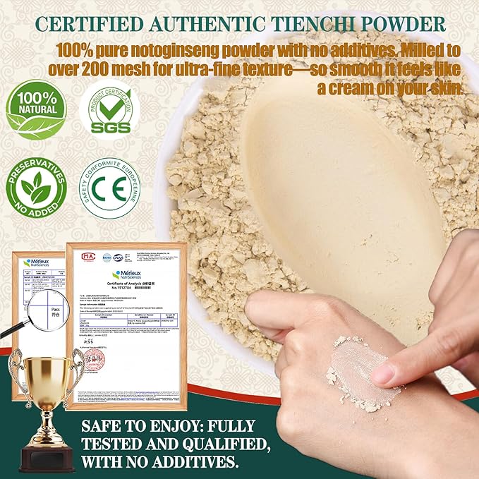 100% Pure Tienchi Powder 300g/10.58oz Sanqi Notoginseng Root Powder Chinese Herbs 200 Mesh Ultra-fine for Tea &amp Soup No Additives Vegan Caffeine Free 田七粉 三七粉 田七人参粉
