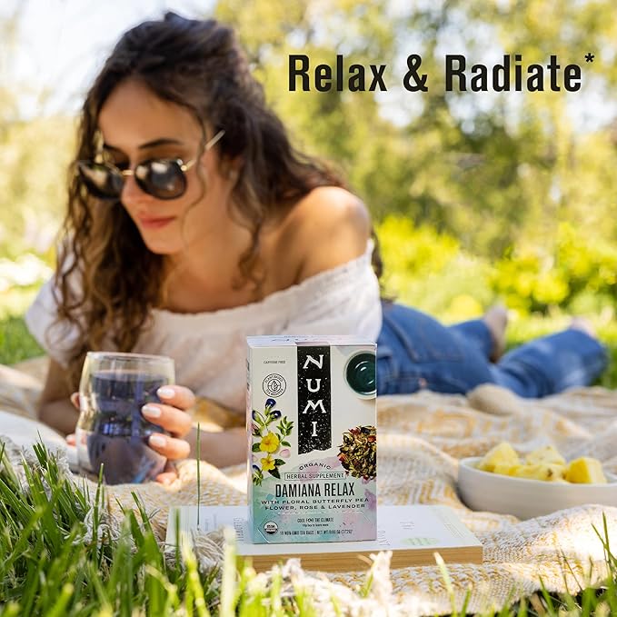 Numi Organic Damiana Relax Herbal Tea – 48 Herbal Tea Bags – Calming Damiana Blend for Gentle Relaxation Emotional Ease &amp Stress Relief