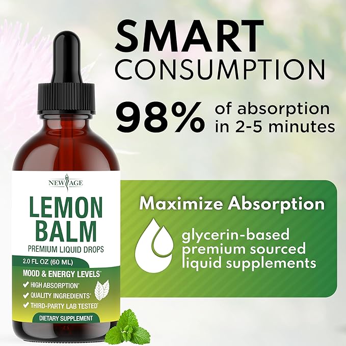 NEW AGE Lemon Balm Tincture - Mood Support Supplement - Lemon Balm Leaf Extract Drops - Vegan Sugar &amp Alcohol-Free Calming Supplement - 8 fl oz