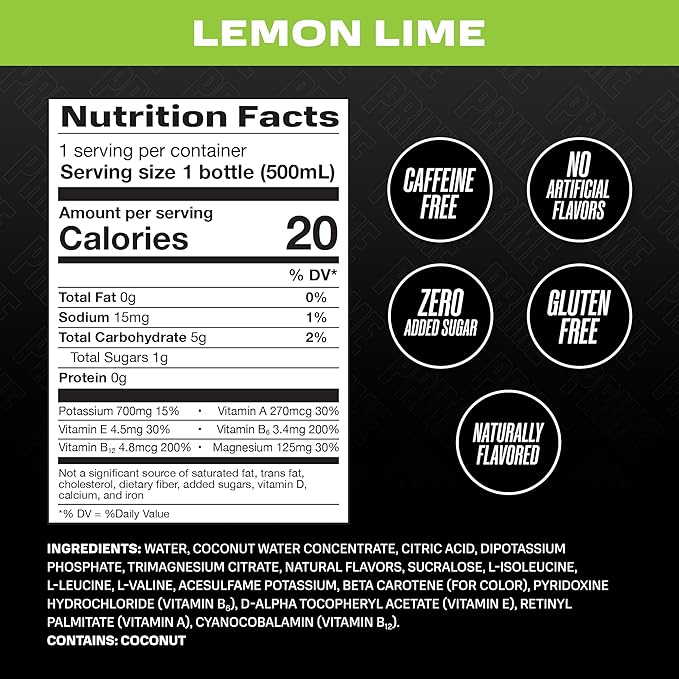 PRIME Hydration LEMON LIME Sports Drinks Electrolyte Enhanced for Replenishing Fluids 250mg BCAAs B Vitamins Antioxidants Low Sugar 16.9 Fl Oz 12 Pack