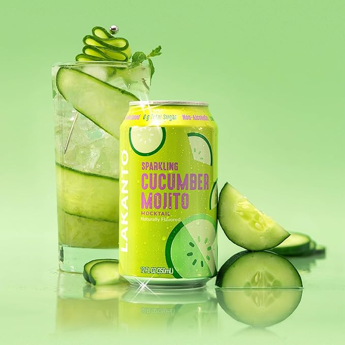 Lakanto Sparkling Cucumber Mojito Mocktail Non Alcoholic Drink - 0g Sugar Naturally Sweetened with Monk Fruit &amp Allulose Ready to Drink Better for You Soda Pop (24 Pack)