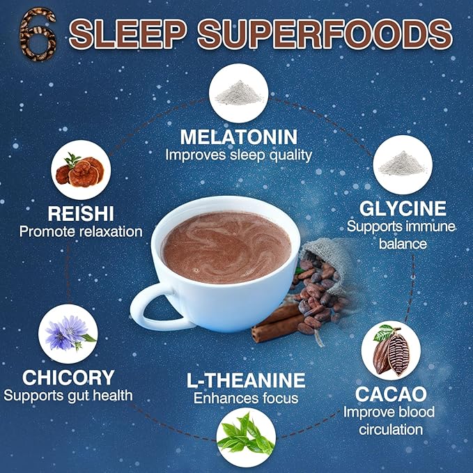 Mushroom Hot Cocoa with Melatonin Reishi L-Theanine Cocoa Powder Hot Chocolate Nighttime Drink Mix for Sleep &amp Relax - 30 Servings