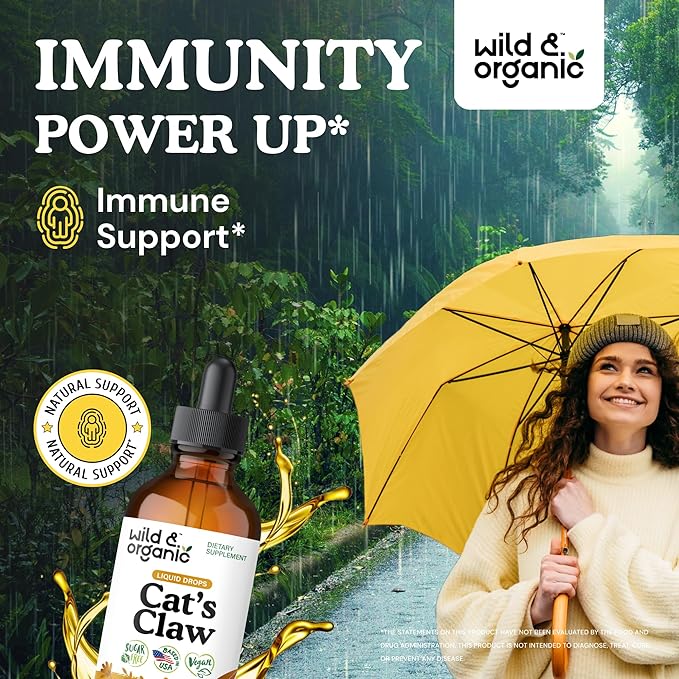 Wild &amp Organic Cats Claw Herb Supplement - Immune Support - Pure Cats Claw Tincture - Add to Tea Liquid Drops - Uncaria Tomentosa Bark - Vegan Sugar &amp Alcohol-Free - 4 fl oz
