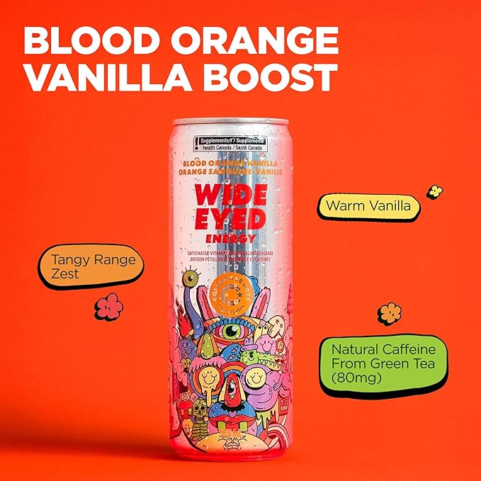 Collective Arts Wide Eyed Energy Drinks | Naturally-Flavored Caffeinated Vitaminized Sparkling Beverage With Fruit Extracts | Blood Orange Vanilla BOOST | Pack of 12 | 12 fl oz.(355ml)