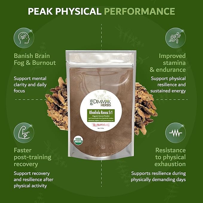 Dimmak Herbs Organic Rhodiola Rosea Extract 5:1 Powder (High Potency Adaptogen)- TCM Doctor Formulated 100% Golden Root for Energy Focus &amp Cortisol Support- Non-GMO Extra Strength Concentrate (4
