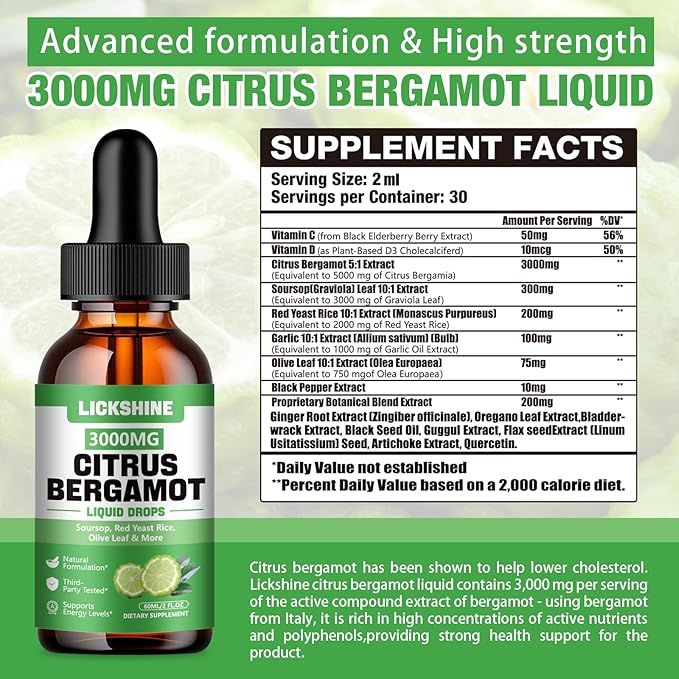 2 Pack 3000mg Citrus Bergamot Liquid Drops - High Absorption - Cholesterol Lowering Supplement for Immune Support Anti-Aging Hight Cholesterol - Soursop Bitters Liquid 4 Fl Oz