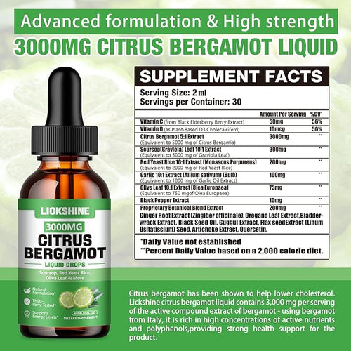 2 Pack 3000mg Citrus Bergamot Liquid Drops - High Absorption - Cholesterol Lowering Supplement for Immune Support Anti-Aging Hight Cholesterol - Soursop Bitters Liquid 4 Fl Oz