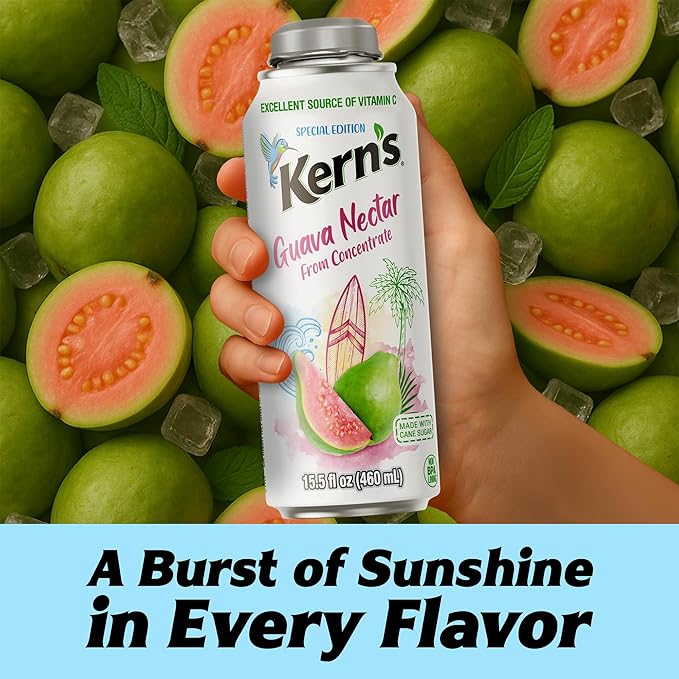 Kern’s Guava Nectar Lata Botella - Made with Fresh Fruit Puree - Guava Juice Concentrate for Tropical Fruit Smoothie Mix Cocktail Mixers &amp Kids Beverages - 15.5oz 12 Pack Resealable Juice Bottle