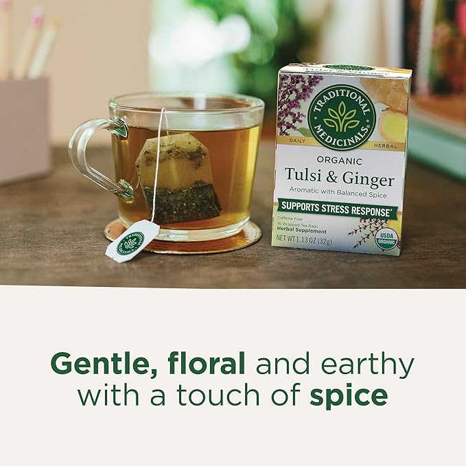 Traditional Medicinals Tea Organic Tulsi &amp Ginger Relieves Stress Tension &amp Irritability 96 Tea Bags (6 Pack)