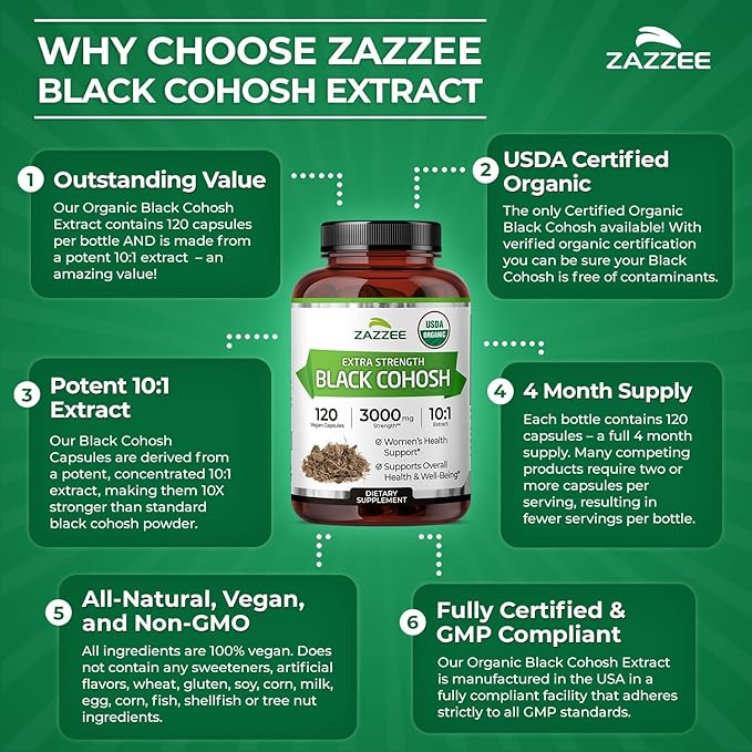 Zazzee USDA Organic Black Cohosh 10:1 Extract 120 Vegan Capsules 4 Month Supply Actaea Racemosa Women’s Health &amp Hormonal Balance Support All-Natural Non-GMO Made in the USA