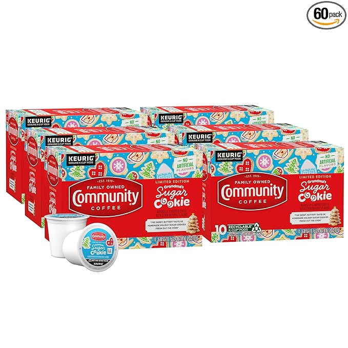 Community Coffee Grandma's Sugar Cookie Keurig K-Cup Pods Limited Edition Holiday Flavor Natural Ingredients 10 Count (Pack of 6)