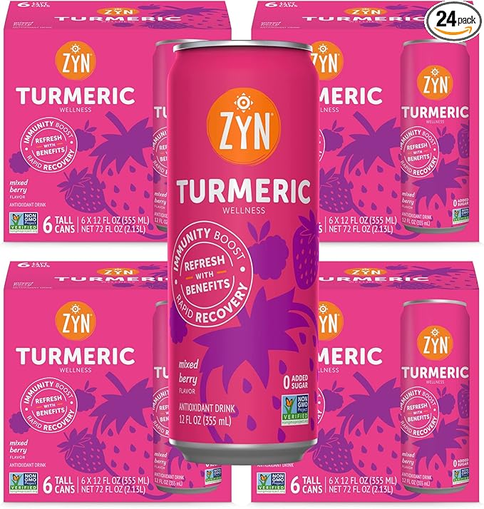 ZYN Turmeric Wellness Drink (24 Pack) Mixed Berry Flavored Turmeric Curcumin Drink with Black Pepper No Added Sugar Low Carb &amp Low Calorie Drink Clean Alternative