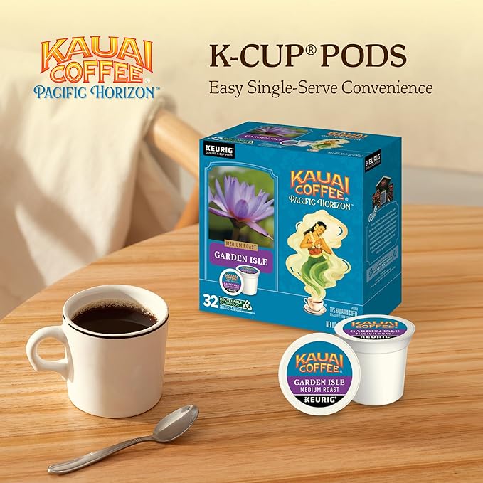 Kauai Coffee K-Cup Pods for Keurig Brewers – Arabica Coffee 10% Hawaiian – Medium Roast Bright Aroma With Light Floral Notes – Garden Isle 1 Pack of 32 Single Serve K-Cups