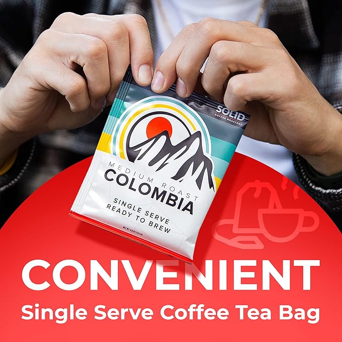 Colombia Medium Roast Coffee Tea Bags Single Serve Coffee in Tea Bags for On-the-Go Brew Cold Brew Bags Alternative to Instant Coffee Packets Single Origin Box of 10 - SOLID Coffee Roaster’s