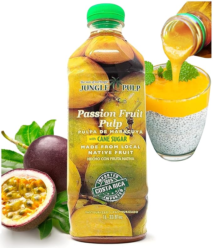 Jungle Pulp Passion Fruit Puree Costa Rica Blend Topping Flavoring Better Than Syrup For Cocktails Pastries Smoothies and Cooking 33.8oz/1 Liter.