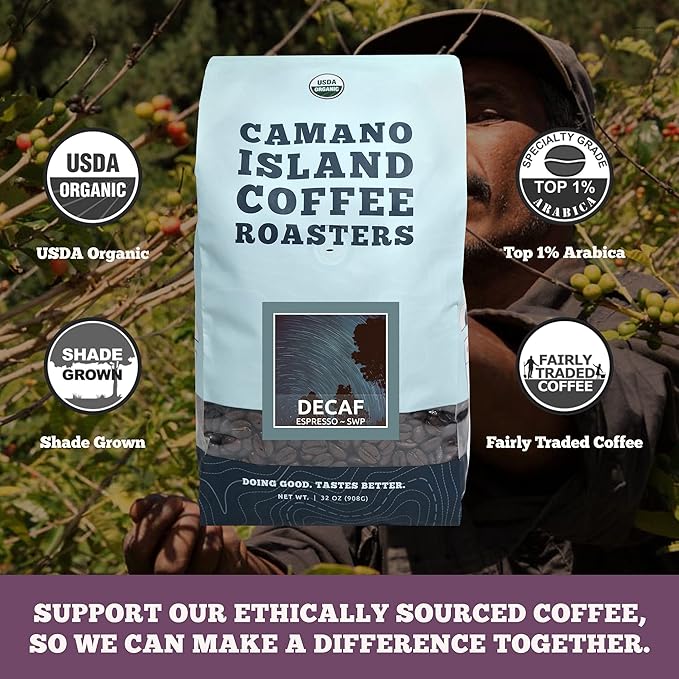 Camano Island Coffee Roasters Decaf Espresso Blend Ground 2lb Fresh Dark Roast Swiss Water Processed USDA Organic Fairly Traded Shade Grown Top 1% Arabica Sweet Molasses Mixed Berry Flavor