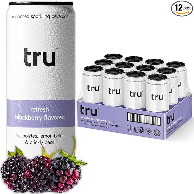 Tru Refresh Seltzer Sparkling Water with Electrolytes Prickly Pear Lemon Balm &amp Real Blackberry Juice Sweetened with Monk Fruit &amp Stevia Gluten Free Vegan Caffeine Free 12 FL OZ Cans