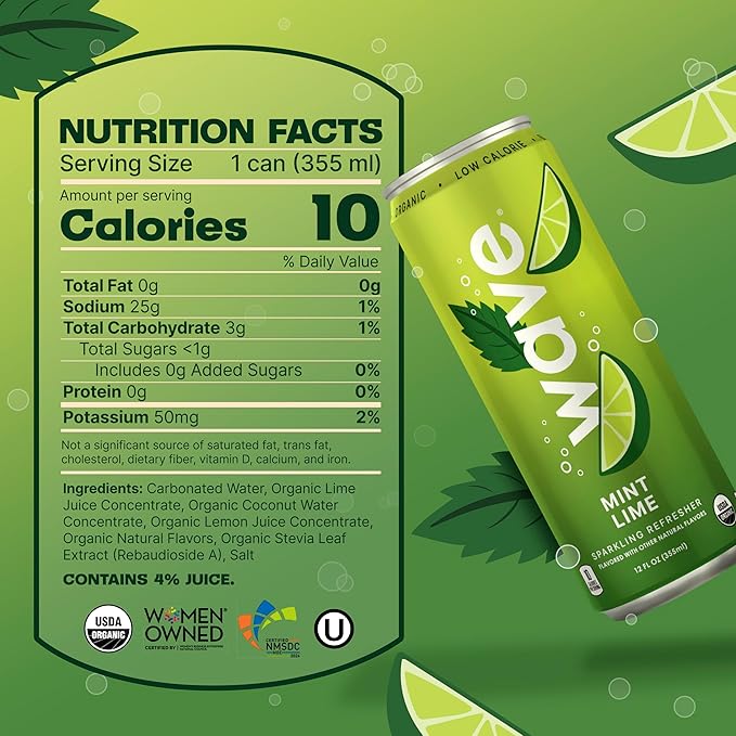 WAVE Sparkling Refreshers | Sparkling Juice | Organic Hydration | Low Calorie Drink | Lightly Carbonated Soda Alternative | No Added Sugar No Preservatives or Artificial Ingredients |12 Pack (Mint Li