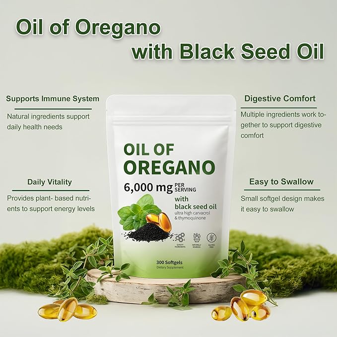 Oil of Oregano with Black Seed Oil - Oil of Oregano Capsules Aceite de Orégano Capsulas Immune Support Non-GMO Gluten Free 6000MG 300 Softgels