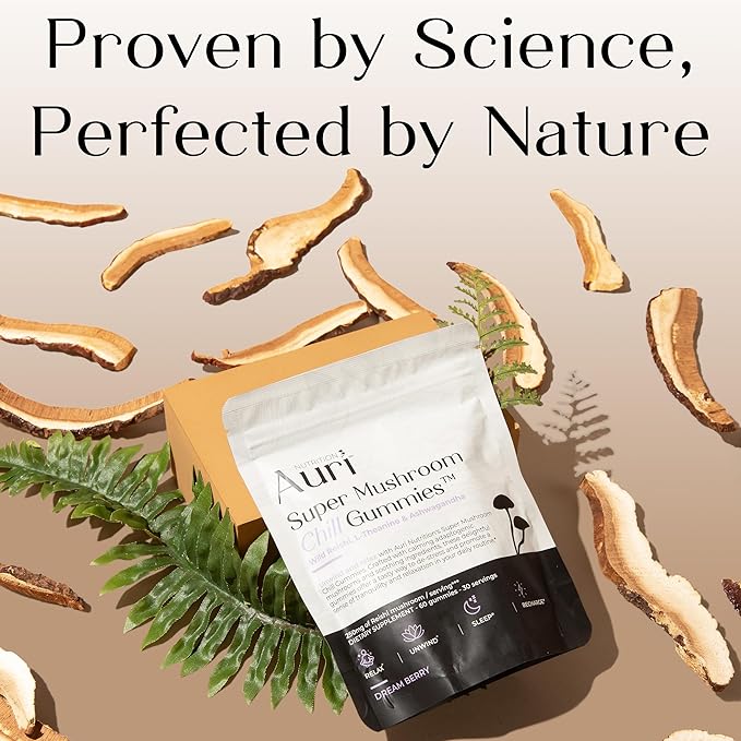 Auri Nutrition Super Mushroom Chill Gummies - Natural Calming Aid &amp Stress Reduction Supplement for Adults w/Reishi Mushroom Ashwagandha L-Theanine- Unwind Mind &amp Harmonize Your Day- 60 Calm