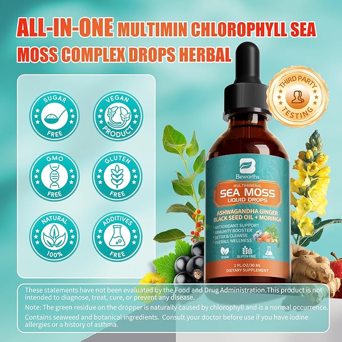 Sea Moss Drops - Irish Sea Moss Chlorophyll Liquid with Black Seed Oil Ashwagandha Moringa Turmeric Elderberry Mullein Seamoss Gel Supplement for Gut &amp Liver Cleanse Immune Support - Vegan