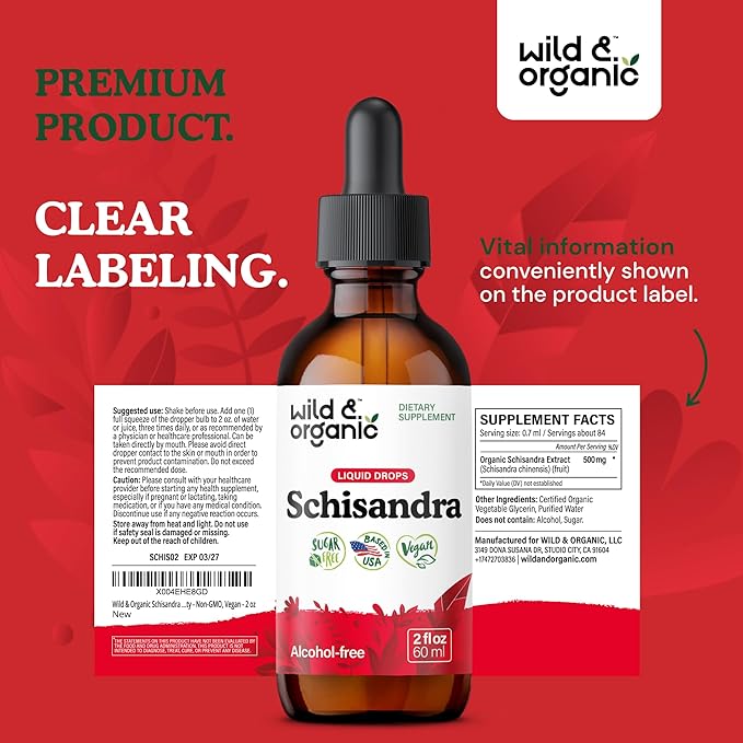 Wild &amp Organic Schisandra Berry Extract Drops 500 mg - Relaxing Schisandra Supplement - Liquid Chinensis Tincture - Vegan Sugar &amp Alcohol-Free - 2 fl oz