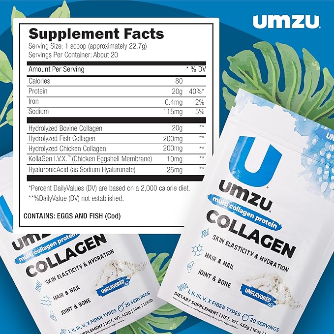 UMZU zuCollagen Multi Collagen Protein Powder Unflavored – 5 Collagen Types I II III V X – High Protein Low Calorie Supplement for Hair Growth Skin Elasticity Joint Health and Daily Recovery Support