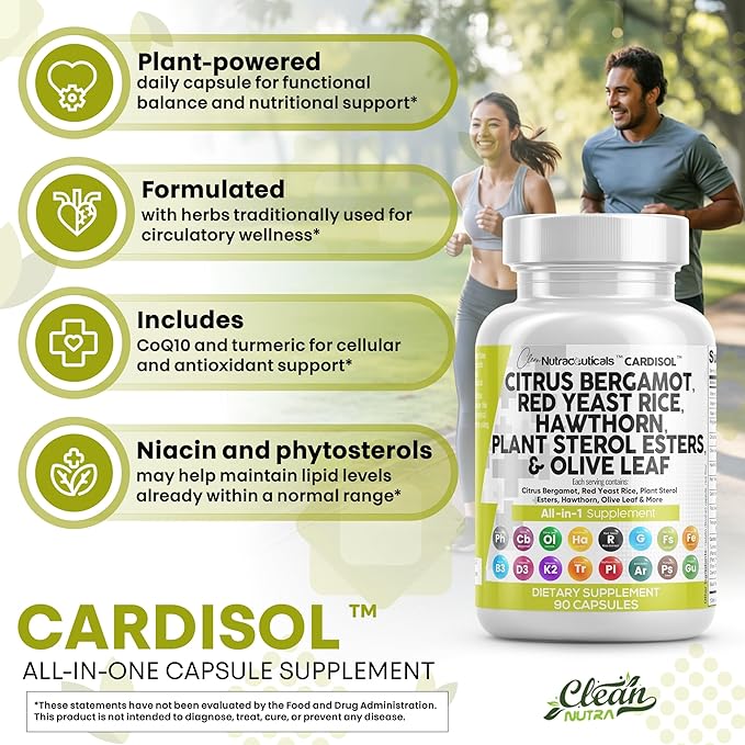 Clean Nutraceuticals Citrus Bergamot Red Yeast Rice Capsules with Plant Sterols - with Hawthorn Extract Olive Leaf Niacin Vitamin K3 D3 COQ10 Guggul &amp More (Pack of 2)