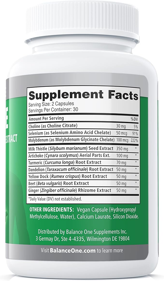 Balance ONE Liver Support Supplement with Milk Thistle Dandelion Root Extract &amp Molybdenum – Liver Health &amp Detox Support – Vegan Capsules 1 Month Supply – Liver One