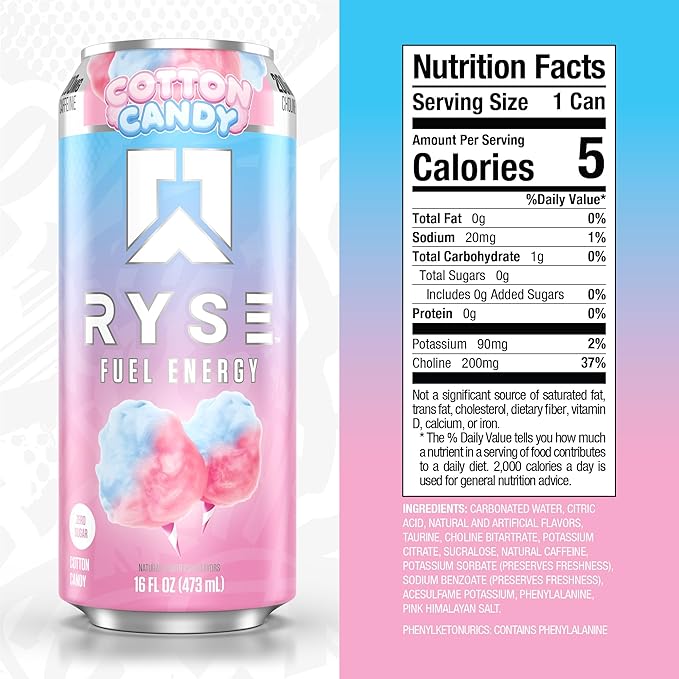 RYSE Fuel Energy Drink - Cotton Candy - Sugar Free Gluten Free &amp Vegan - 200mg Natural Caffeine Taurine &amp Choline for Focus &amp Energy - No Artificial Colors - 16 fl oz Cans (12-Pack)
