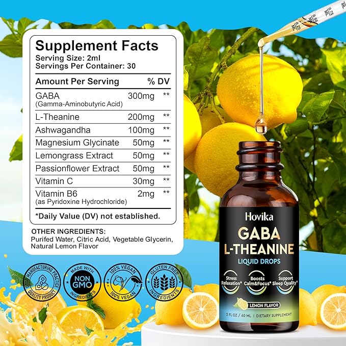 2 Pack GABA L-Theanine Drops - Liquid GABA Supplement with L-Theanine Ashwagandha Magnesium Glycinate Vitamin C B6 - Support Sleep Relaxation Calm Mood &amp Focus - Lemon Flavor