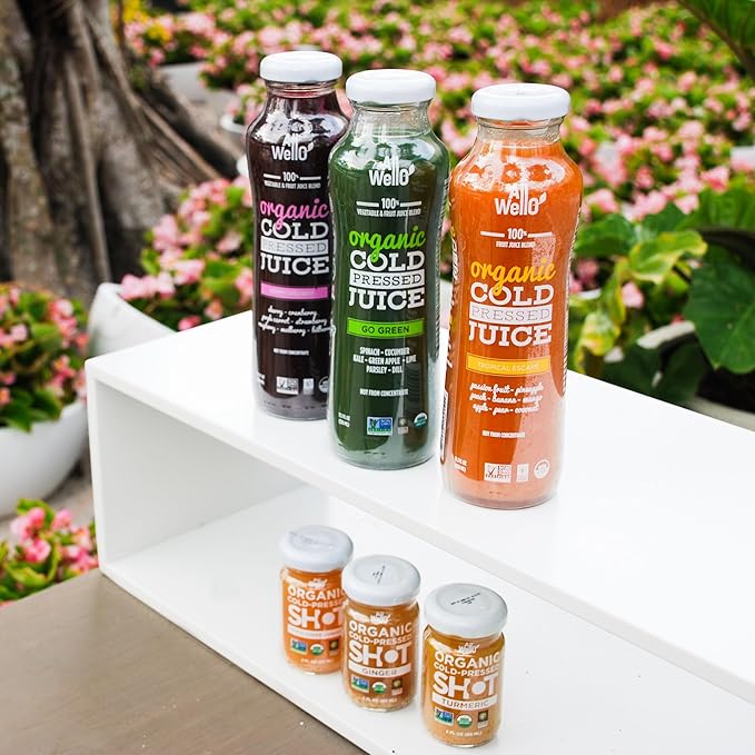 ALLWELLO Organic Cold Pressed Juice Drinks with Real Fruits and Vegetables Gluten Free Non-GMO Healthy Juices No Preservatives No Sugar Added 6 PK Variety Pack (2 Berry Delight 2 Tropical Escape 2