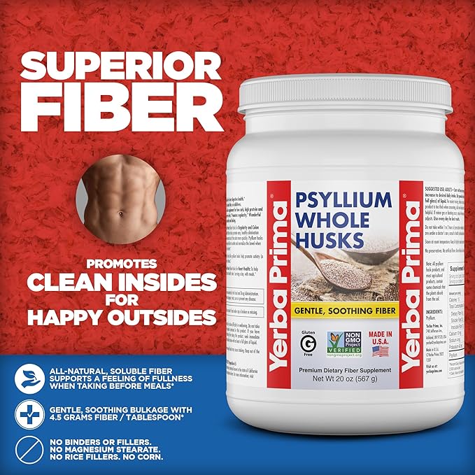 Yerba Prima Whole Psyllium Husk Fiber Supplement 20 oz (Pack of 2) - Vegan Gluten Free Non-GMO