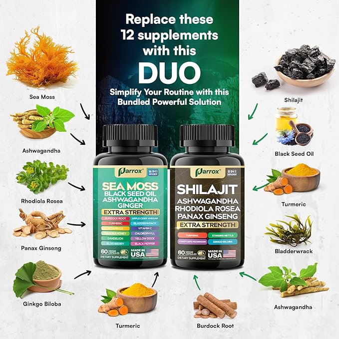 Shilajit and Sea Moss Bundle Sea Moss 350mg Black Seed Oil 200mg Ashwagandha 100mg Turmeric Shilajit 300mg Rhodiola Rosea 100mg Panax Ginseng 50mg Dynamic Vitality Bundle (1 Pack)