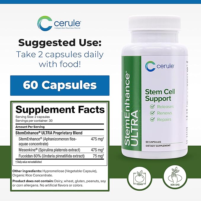 Cerule StemEnhance Ultra Natural Stem Cell Support Supplement – Freshwater Microalgae and Marine Macroalgae Extracts for Cellular Renewal Immune Function Energy and Tissue Recovery – 60 Capsules