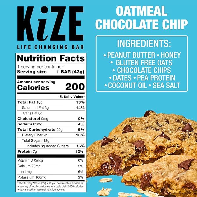 KiZE Energy Bars - Oatmeal Chocolate Chip - Gluten Free Dairy Free Non-GMO and High Protein Meal Replacement Energy Bars Clean and Simple Food Ingredients - 7g High Protein Snacks (10 Count)