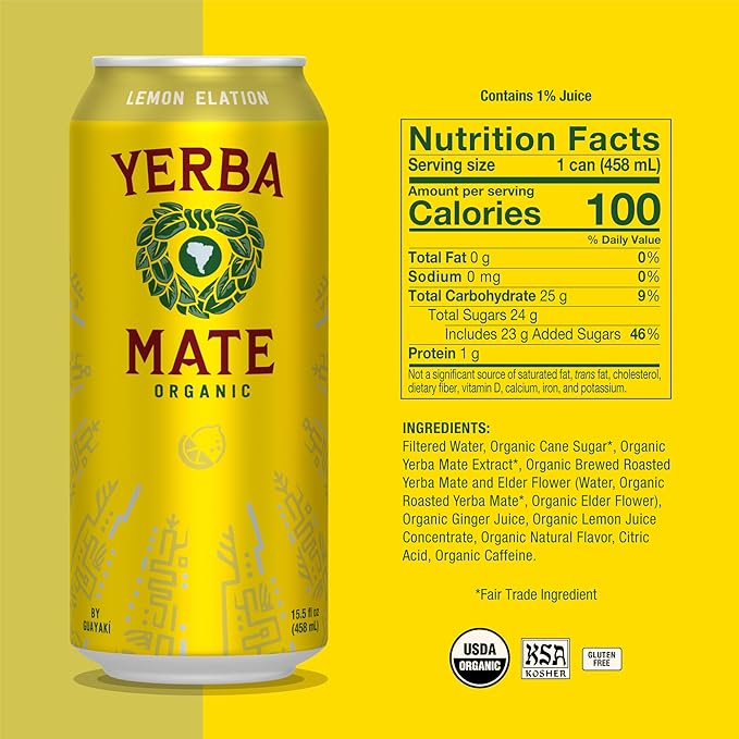 Yerba Madre Organic Yerba Mate Clean Energy Drink Alternative Bundle Lemon Elation &amp Bluephoria Flavors 15.5 Oz (Pack of 24) 150mg Natural Caffeine Smooth Energy &amp Focus
