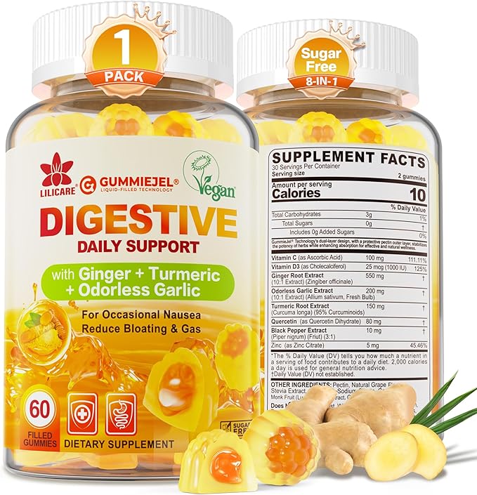 Ginger Chews Gummies for Nausea &amp Digestive Support Stomach Relief - Sugar Free with Turmeric &amp Odorless Garlic Quercetin Vitamin D3 C Delicious Digestive Supplements 60Cts (Pack of 1)