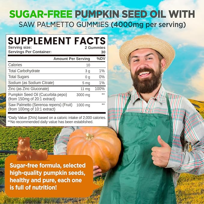 Pumpkin Seed Oil Gummies with Saw Palmetto Pumpkin Seed Oil Extract for Hair Growth &amp Prostate Health Cold-Pressed Supplements for Women Men Vegan Sugar Free Lemon 60 Chewable