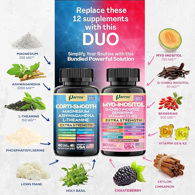 Cortisol &amp Myo-Inositol Supplement Bundle Soothe &amp Smooth Bundle Cortisol Balance GABA Magnesium Ashwagandha L-Theanine D-Chiro Inositol Folate Berberine Chasteberry Zinc (3 Pack)