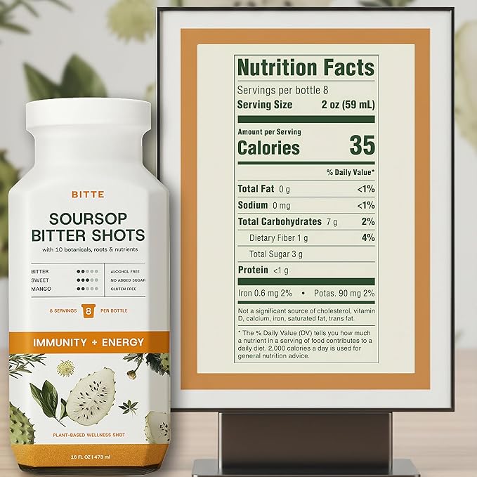 BITTE Immune + Energy Soursop Shots – 2 Pack Ready to Drink Mango Soursop with Zinc Ginseng Guarana &amp Turmeric – Clean Formula No Sugar Vegan Gluten-Free Non-GMO – 32 fl oz Total