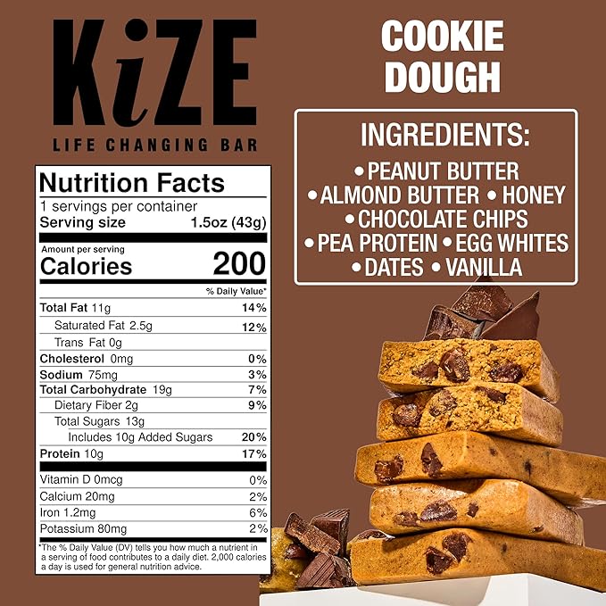 KiZE Energy Bars - Cookie Dough - 20-Count - Gluten Free Dairy Free Non-GMO and High Protein Meal Replacement Energy Bars Clean and Simple Food Ingredients - 10g High Protein Snacks (20 Count)