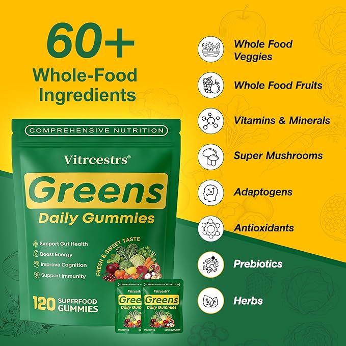 Greens Daily Gummies Super Greens Gummies for Adults Superfood Multivitamin Gummy with Spirulina Chlorella Prebiotic Fiber Fruit Veggie for Digestive &amp Gut Health Adaptogens Supplement 120 C