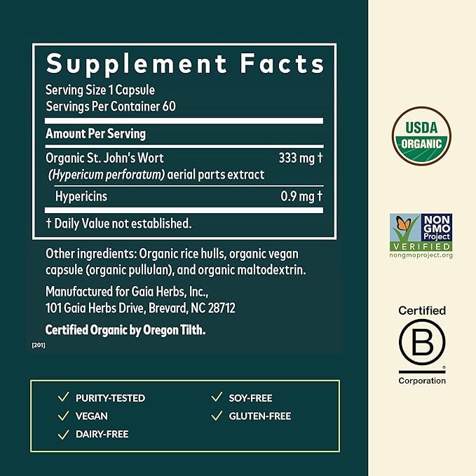 Gaia Herbs St. John's Wort - Stress Support Supplement* - with St. John's Wort - 60 Vegan Capsules (60 Servings)