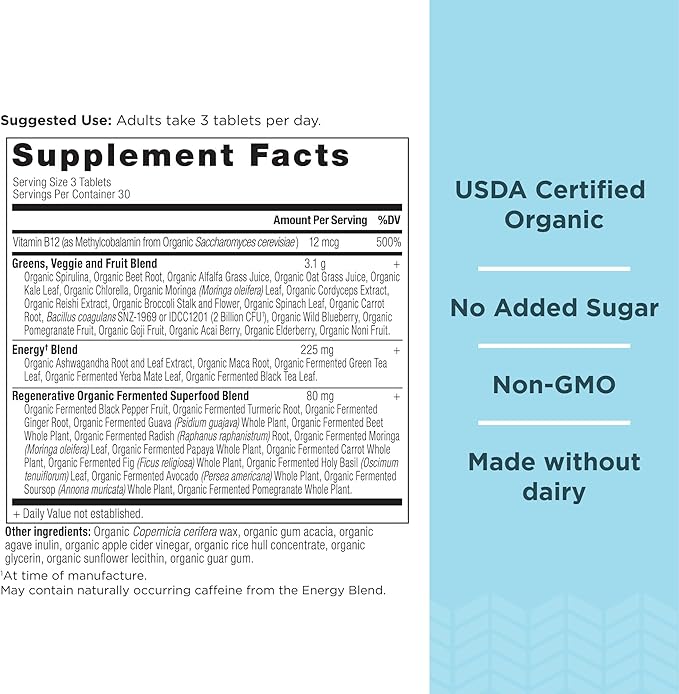 Ancient Nutrition Supergreens Energizer Tablets Organic Superfood Tablets with Caffeine Made from Real Fruits Vegetables and Herbs for Digestive and Energy Support 90 Count